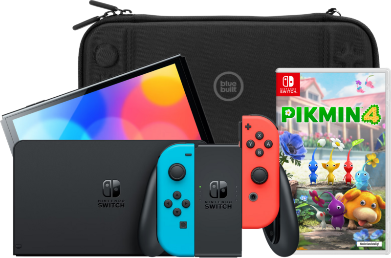 Aanbieding Nintendo Switch OLED Rood/Blauw + Pikmin 4 + BlueBuilt Beschermhoes