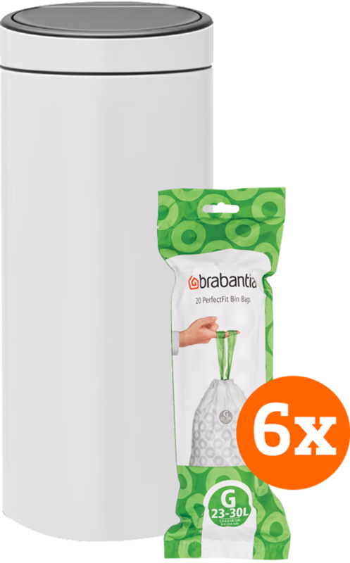 Aanbieding Brabantia Touch Bin 30 Liter White + Vuilniszakken (120 stuks)