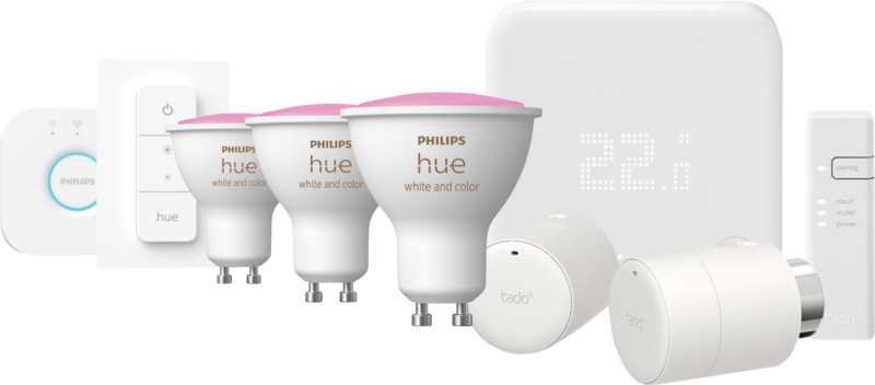 Aanbieding Tado Thermostaat V3+ Startpakket + 2 knoppen + Philips Hue White and Color 3-pack GU10